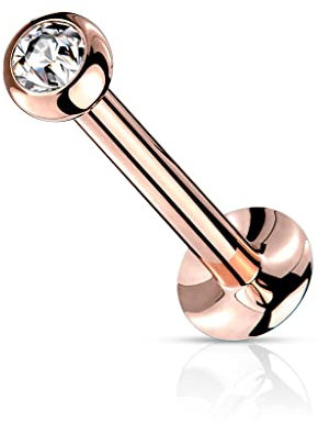 Paula & Fritz® Push-In Labret Piercing Rosegold Zirkonia 2-mm Klar Chirurgenstahl 316L 1,2-mm Stab-Dicke 6-mm Lang Madonna Ohr-Stecker Labret Stud