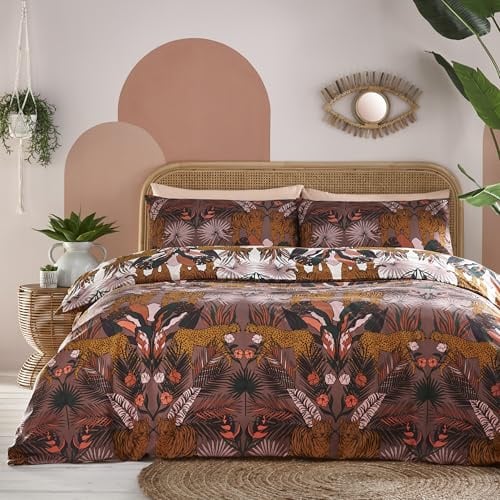 furn. Kaihalulu Duvet Cover Set – Reversible Exotic Tropical Wild Cat Easy Care Bedding (Cocoaberry – King – 230x220cm)