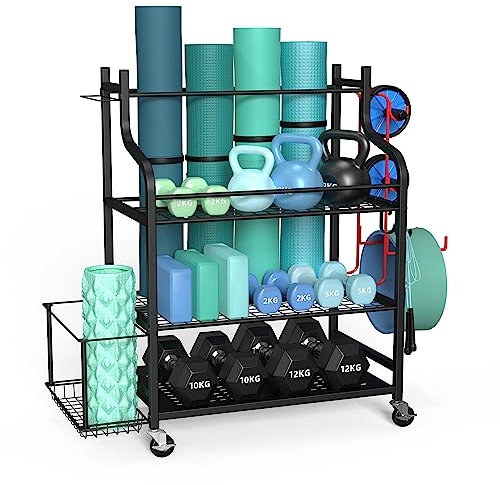 ZACHVO Hantelablage - Home Gym Aufbewahrung Gewichtsständer mit 360° Rädern, 8 Haken, Yogamatte & Ausrüstungsaufbewahrung, Platzsparender Fitness Organizer für Hanteln, Kugelhanteln, Yoga-Blöcke &
