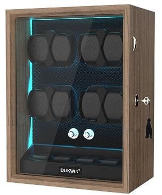 DUKWIN Watch Winder for 8 Automatic Watches, Lockable Automatic Winders with Extra 4 Watch Spaces, 4 Rotation Modes, Flexible Pillows, Quiet Motor and Blue Backlight