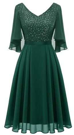 Dressystar Damen Glitzer Kleid Elegant Hochzeit Cocktailkleid mit Pailletten Chiffon Ärmel Festlich Abendkleid Knielang Dunkelgrün XXL