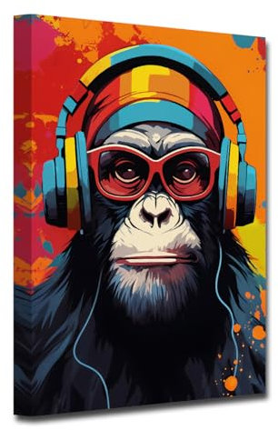 LZIMU Kunstdruck auf Leinwand Affe mit Kopfhörern bunter Gorilla der Musik hört cooles Tier Poster DJ Wanddekoration für Musikliebhaberzimmer (A, 30.00 x 45.00 cms)