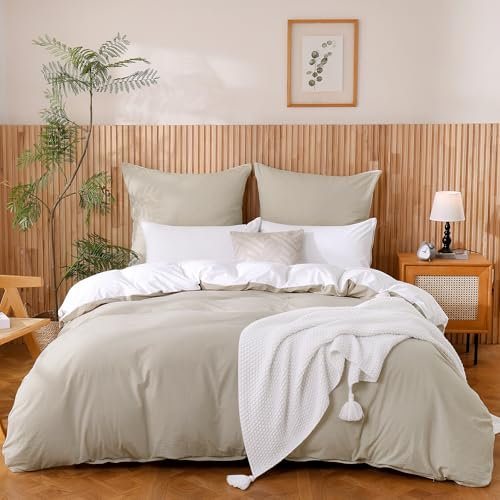 ATsense Bettwäsche 200x200 Baumwolle 3teilig, Beige Grau Bettwäsche-Sets 100% Gewaschene Baumwolle mit Leinen Textur, Oeko-TEX für Allergiker 1 Bettbezug mit 2 Kissenbezüge 80x80 cm