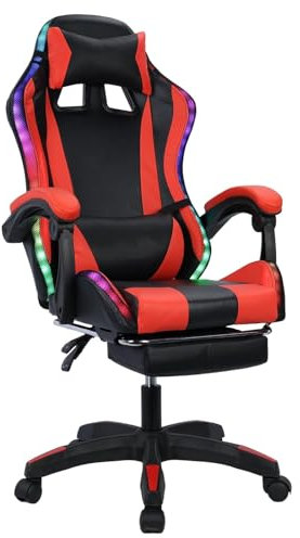 High Back Gaming Chair with Bluetooth Speakers LED Lights Footrest Lumbar Support Red & Black