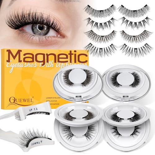 Cils magnétiques aspect naturel 4 paires, aucune colle requise cils magnétiques, ensemble de cils magnétiques réutilisables avec applicateur QUEWEL, faciles à porter avec instructions (4 paires A)