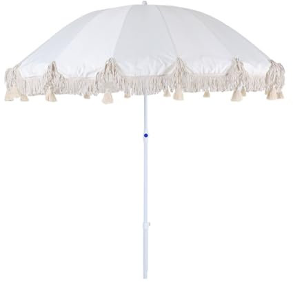 Genérico 220 cm Sombrilla de Playa con Flecos y Protección UV, Sombrilla de Patio Inclinable con 16 Varillas de Fibra de Vidrio y Bolsa de Transporte