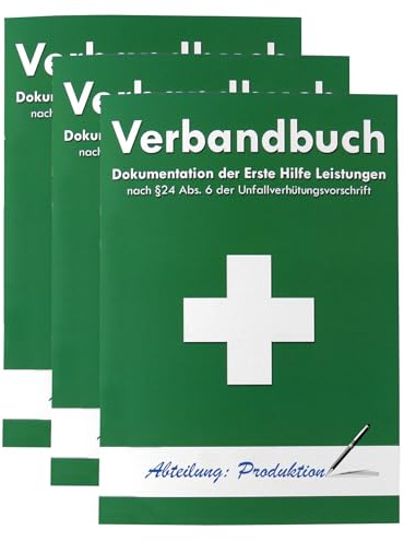 3x Verbandbuch Erste Hilfe - Seiten einteln entnehmbar nach DSGVO/DGUV 204-021 / § 24 Abs. 6 der Unfallverhütungsvorschrift Verbandsbuch/Meldeblock GRÜN