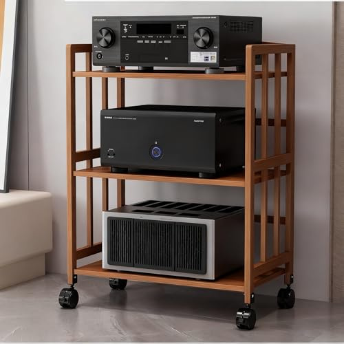 LIMENQIN Mobiles Bambus Audio-Rack, AV-Medienständer auf Rollen, HiFi Rack Schallplatten Regal, Offener Plattenspieler Schrank, mit Verstellbaren Einlegeböden(Brown,3 Tier 50x38x88cm)