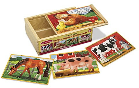 Melissa & Doug Farm Jigsaw Puzzles in a Box: Four Wooden Puzzles, Beautiful Artwork, Sturdy Wooden Storage Box, 48 Pieces