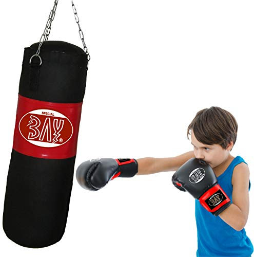 BAY® Boxset für Kinder 9 Kilo gefüllt, Box-Set Sandsack Boxsack + Boxhandschuhe, Kids Junior Teens, schwarz/rot, fertig + Stahlkette, 80x25 cm