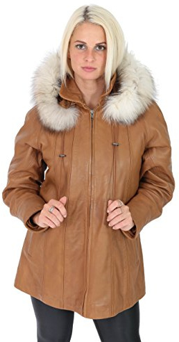 A1 FASHION GOODS Womens Duffle Leather Coat TAN Zip Up Detachable Hood Classic Comfort Fit Parka Isabella