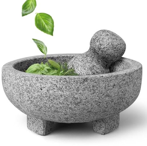 Flexzion Set de mortero y maja de piedra granito, Molcajete piedra volcanica, Tazón machacador y pilón para machacar guacamole, hierbas, especias, ajo, 20 cm, Gris