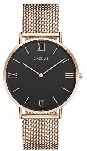 Cristal Montre Or Rose - Cadran Noir - Bracelet milanais Or Rose (Or Rose/Noir)