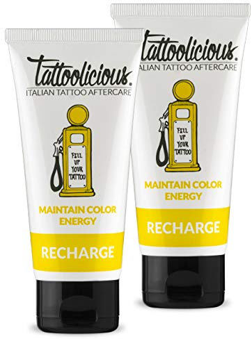 Tattoolicious DOUBLE RECHARGE - Crema de mantenimiento para tatuajes, revitalizante, específica, con ingredientes bioactivos, Paquete Doble de 200ml (2 tubos de 100 ml)