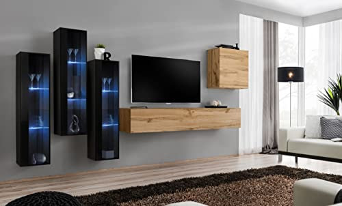 ASM Ensemble Mural - Switch XIII - 3 Vitrines LED - 1 Banc TV - 1 Vitrine Carrée - Bois Et Noir - Modèle 2