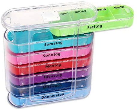 Schramm® Tablettenbox bunt mit bunten Schiebern für 7 Tage Pillen 12 x 11cm Tabletten Box Schachtel Tablettendose Pillendose