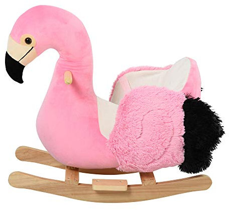 HOMCOM Cavallo a Dondolo per Bambini, Fenicottero a Dondolo per Bambini dai 18 Mesi in Legno con Cinture di Sicurezza, Rosa