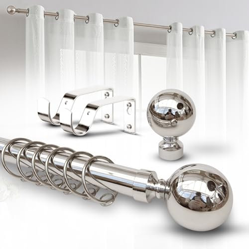 Imperial Rooms Plain Metal Ball Curtain Poles Metal Extendable - Includes Curtain Rod, 60mm Size Finials, Rings, Brackets & Fittings Set (Brushed Silver, 70-120 Cm, 28 Inches to 48 Inches)