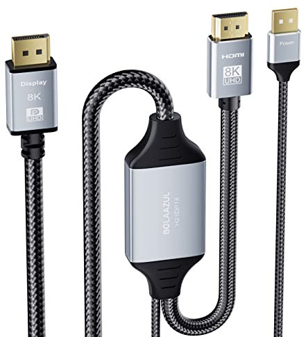 8K HDMI 2.1 to DisplayPort 1.4 Adapter Cable USB Powered 6.6ft, BolAAzuL Newly HDMI to DP Cable 8K/30Hz 4K/120Hz 2K/144Hz, HDMI Source to Display Port Monitor Video Converter Cable 2m Braided -H21DP14