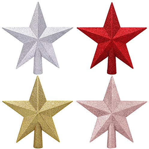 Aneco 4 Stück Weihnachtsbaumspitze, 4 Zoll Glitzer Christbaumspitze Mini Tannenbaum Spitze Christmas Tree Topper für für Weihnachtsbaum Deko (4 Farben)