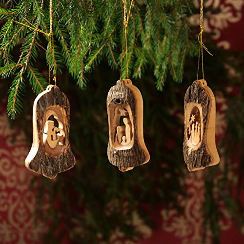 KASSIS Geschenkartikel Olivenholz Weihnachtsdeko Baumschmuck 3er Set Krippe Anhänger Heilige Familie Hirte und DREI Könige mit Rinde handgemacht in Bethlehem 11,5 cm (Glocke mit Rinde)