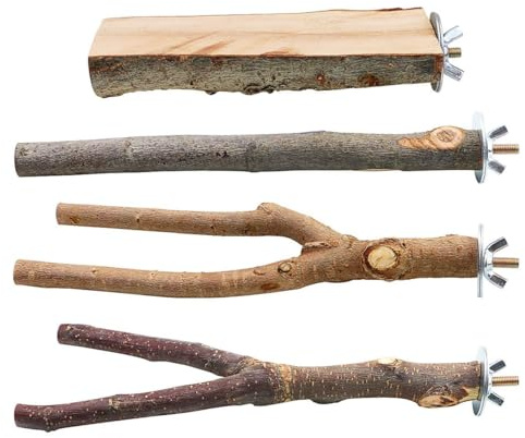 BILLIOTEAM 4 Pack Natural Wood Bird Perch Parrot Stand Branches Fork Toys,Pet Bird Cage Wooden Hanging Perch Platform Hammock Swing Toy for Small Parakeets,Budgies,Cockatiels,Conures,Finches