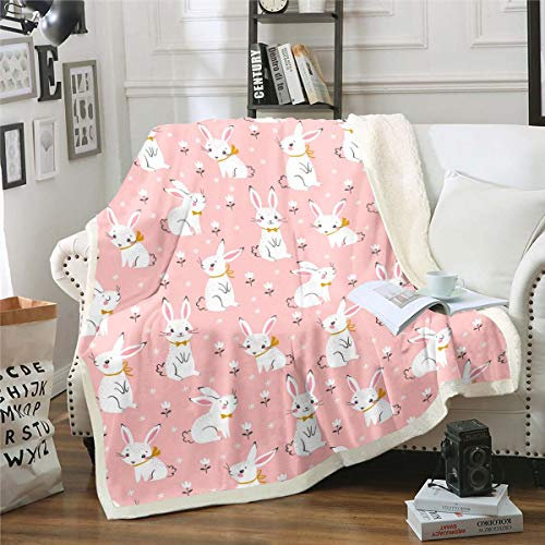 Niedliche Kaninchen-Plüsch-Decke, Cartoon-Hase, rosa Sherpa-Decke, für Jungen und Mädchen, niedliches kleines Blumenmuster, Kaninchen-Dekor, Fleece-Überwurf, botanisches Tier, Doppelbett, 152x203 cm
