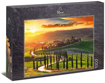 Ulmer Puzzleschmiede - Puzzle „Toskana“ - Klassisches 1000 Teile Italien-Puzzle - Puzzlemotiv der malerischen Toskana-Landschaft im Sonnenuntergang