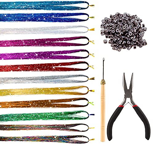 SAVITA 12 Farben 2400 Stränge Tinsel Haarverlängerungen mit Werkzeugen Glitzer Haarteilen für Frauen Mädchen Kinder Haarverlängerungscli Partyzubehör