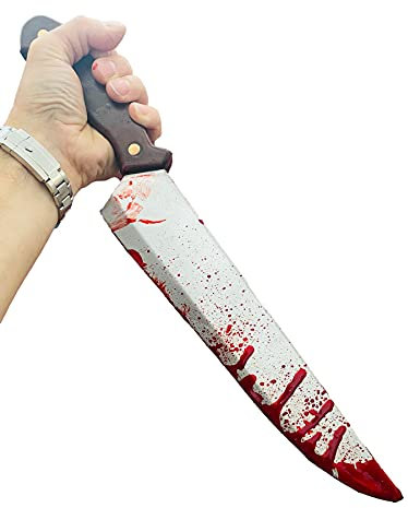 Rubber Johnnies Bloody Butchers Knife, Con Safe, 46cm Long, Brown Handled, Halloween Wepaons, Movie Prop, Fake Myers