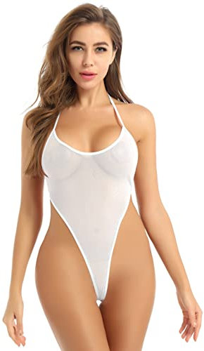 Oyolan Body String Sexy Femme Dentelle Micro Bikini Ficelle Dos Nu Lingerie Erotique Body Col V Décolleté Plongeant Monokini Maillot de Bain Type B Blanc Taille Unique