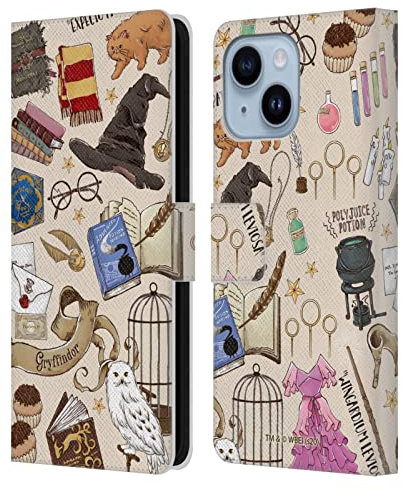 Head Case Designs Officially Licensed Harry Potter Hogwarts Pattern Deathly Hallows XXXVII Leather Wallet Case Compatible With Apple iPhone 14 Plus