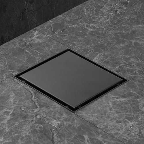 iYueMps Square Shower Drain 250mm x250mm/9.8x9.8 inch Stainless Steel Square Floor Drain Premium Black 2in1 Double-sided Tile Insert with Odor Stop and Hair Strainer