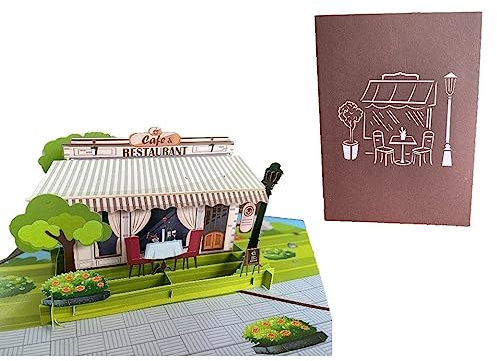 ETA 3D-Pop-Up-Grußkarte – Café & Restaurant-Szene mit Essen im Freien, handgemachte Papierkunst, Geburtstag, Dankeschön, Jahrestag, Reise & Lebensmittelliebhaber, Geschenk mit Umschlag H18