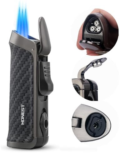 HONEST Triple Jet Feuerzeug, eingebauter Punch, sichtbares Gasfenster, nachfüllbares Gas, einstellbare Flammenintensität, Taschenfeuerzeug, Geschenk für Vater Dad Boy Freund (Kohlefaser)