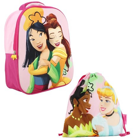Disney Prinzessin Rucksack und Turnbeutel für Mädchen, Design Mulan Ariel Aschenputtel und Tiana Kinderschulrucksack, Reiserucksack, Kindergeschenk