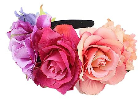 Haarreif Dia de los Muertos Halloween Rosen Haarreifen,Tag der Toten Blumenkrone, Mexikanische Blumen-Haarbänder Stirnband,Damen Haarband Party Kostüm Rose Blume Krone Kopfschmuck Cosplay Haarschmuck