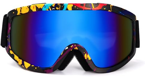 AYMQC Skibrille Motocross Brille UV Schutzbrille Snowboardbrille mit Schaumstoffpolsterung für Outdoor Aktivitäten Damen Herren Blau mit Bunte Rahmen