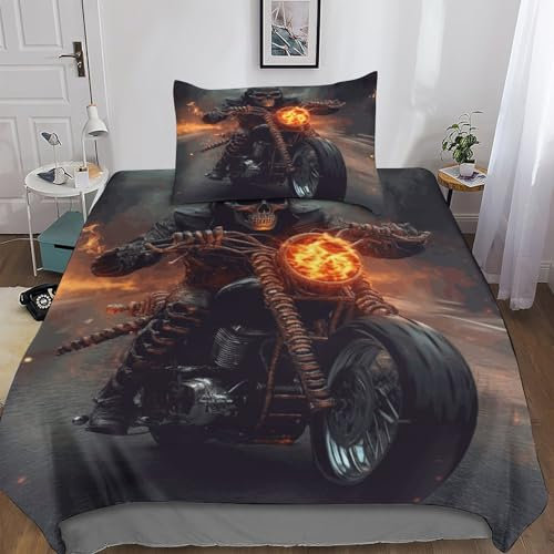 LOUSON Bettwäsche Motorcycle Bettwäsche 135x200 Kinder Bedding Set 3D Schädel Mikrofaser Deko Schlafzimmer 2teilig Erwachsene Kissenbezug Mit Reißverschluss Für Allergiker