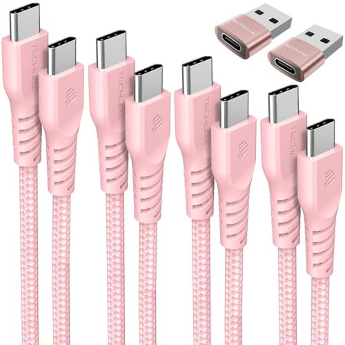 TECHGEAR Cable de carga USB C a USB C (paquete de 6 unidades de 0,3 m + 1 m + 2 adaptadores) 60 W trenzado fuerte tipo C a C, cable de datos de carga rápida compatible con iPhone