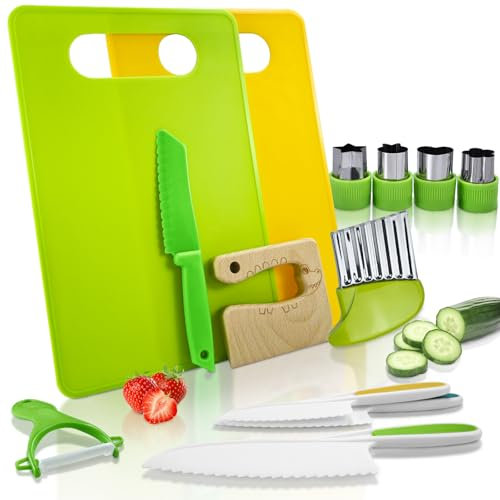 CNMTCCO Juego de cuchillos infantiles de cocina de 13 piezas para niños pequeños que aprenden a cortar y cocinar verduras o frutas, incluye pelador, cuchillo de seguridad a partir de 2 años, juegos de