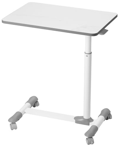 ETHU Foldable Overbed Table with Wheels, Rolling Laptop Standing Desk with Height Adjustable 68-108cm & Tilting Desktop, Mobile Work Desk for Bedside, Sofa and Home Office Use, White (Marble White)