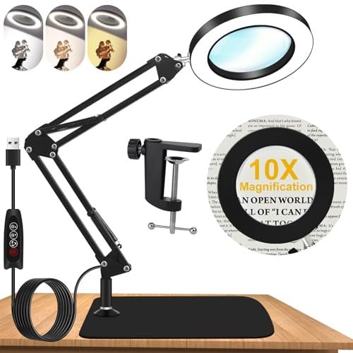 Kevsuvqin Lampada con Lente di Ingrandimento Professionale, 10x Lente di Ingrandimento con Luce, Lampada LEnte INgrandimento con Base Extra Larga e Clip in Metallo, 3 Modalità Colore, 10 di Luminosità