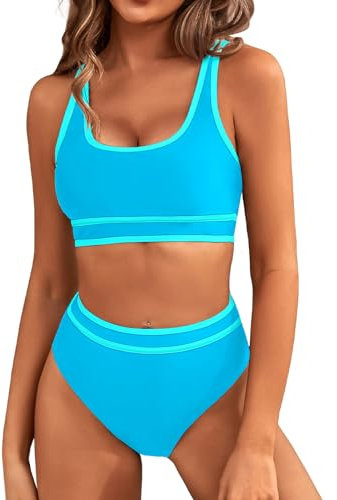 Genfien Women's Bikini Sets Bikini Tops High Waisted Bottom Tummy Control Bathing Suits Cut Out Ladies Swimsuit Suits Padded Beachwear Blue