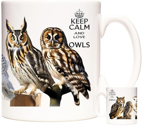 KAZMUGZ OWL Coffee Mug Barn Owl, Eagle Owl, Snowy Owl, Little Owl, Long Eared Owl, Tawny Owl.11oz Ceramic Mug. Keep Calm Love Owls