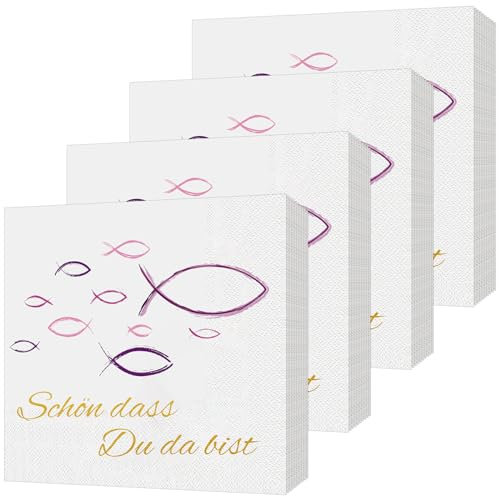 80 Stück Servietten Fisch Rosa, Schön, dass du da bist!', Fisch Tischdeko für Taufe, Kommunion, Konfirmation, Taufdeko Mädchen oder Andere festliche Anlässe, 33 x 33cm