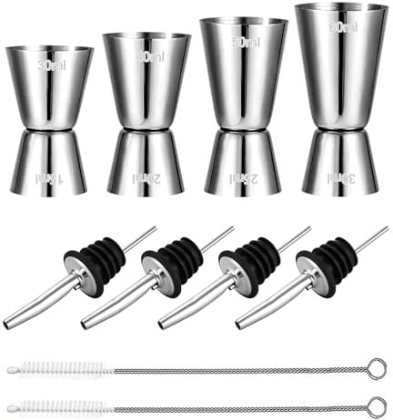 4 Pièces Doseur Cocktail 3cl 4cl 5cl 6cl, Double Tasse à Mesurer Doseur Alcool en Acier Inoxydable avec 4 becs verseurs et 2 brosses, Mesure Jigger pour Bar Maisons Fête Vin Gin Shaker