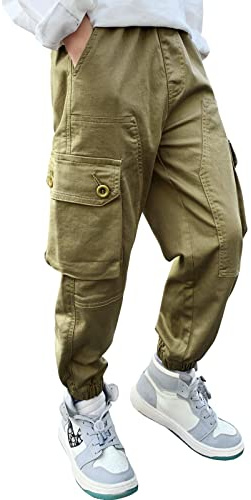 Pantalon Cargo pour Garçon,Style décontracté, Taille élastique, Enfant Jogging Uniforme Scolaire Pantalon de Sport(21011Kaki,10-12ans)