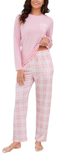 Reliwel Pyjama Femme Hiver Long Ensembles de Pyjama Femme Coton Col Ronde à Manches Longues et Pantalon Carreaux Vêtements de Nuit Chaud d'Intérieur 2 Pièces Confortable Doux Respirant