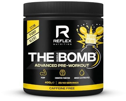 Reflex Nutrition The Muscle Bomb Caffeine Free Pre Workout Powder - 9g Citrulline Malate, 2.5g Beta Alanine - Energy, Pump & Focus for Explosive Workouts (Sherbet Lemon, 400g, 20 Servings)